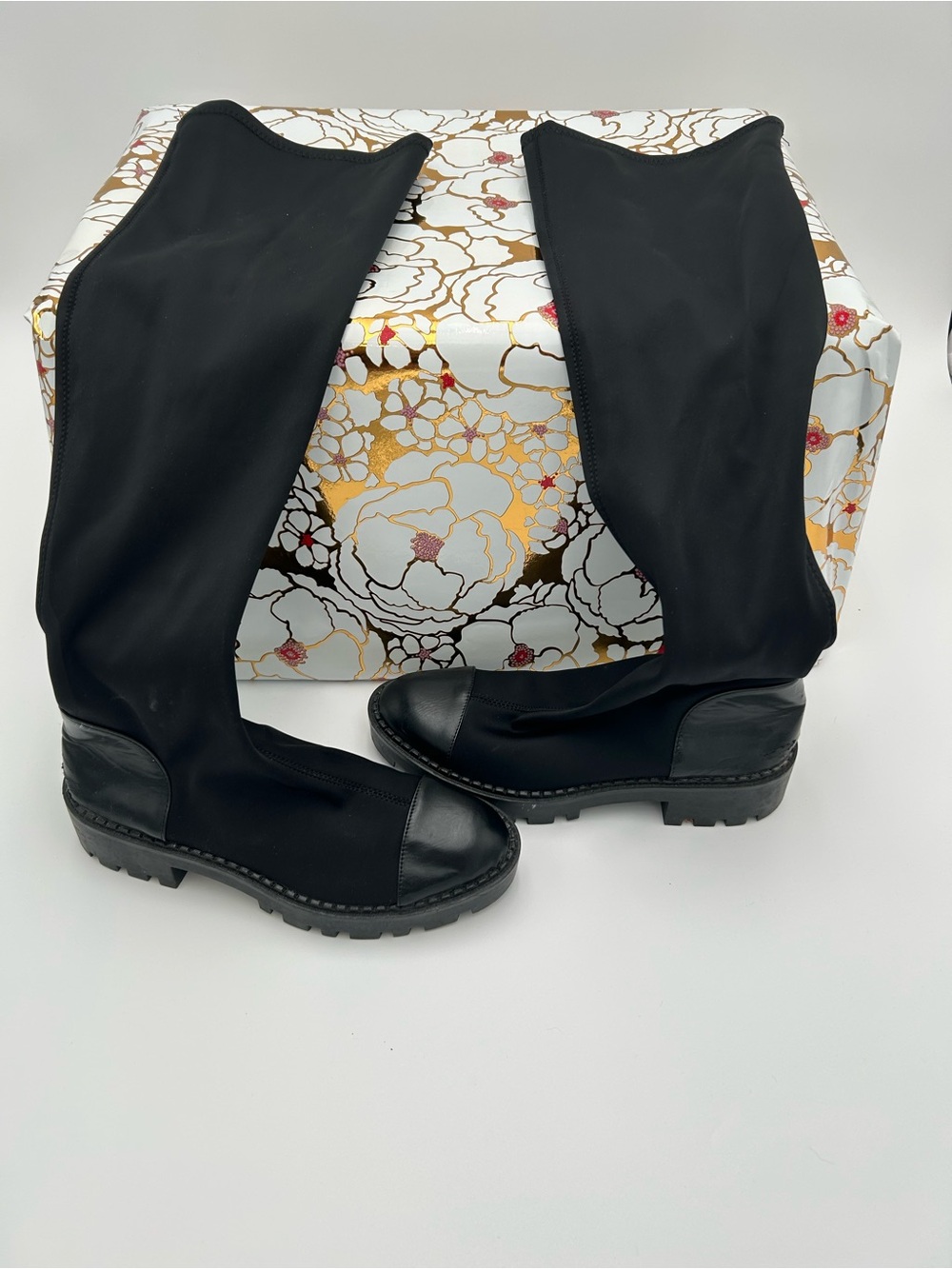 Zara Black Over-the-Knee Stretch Boots with Lug Sole